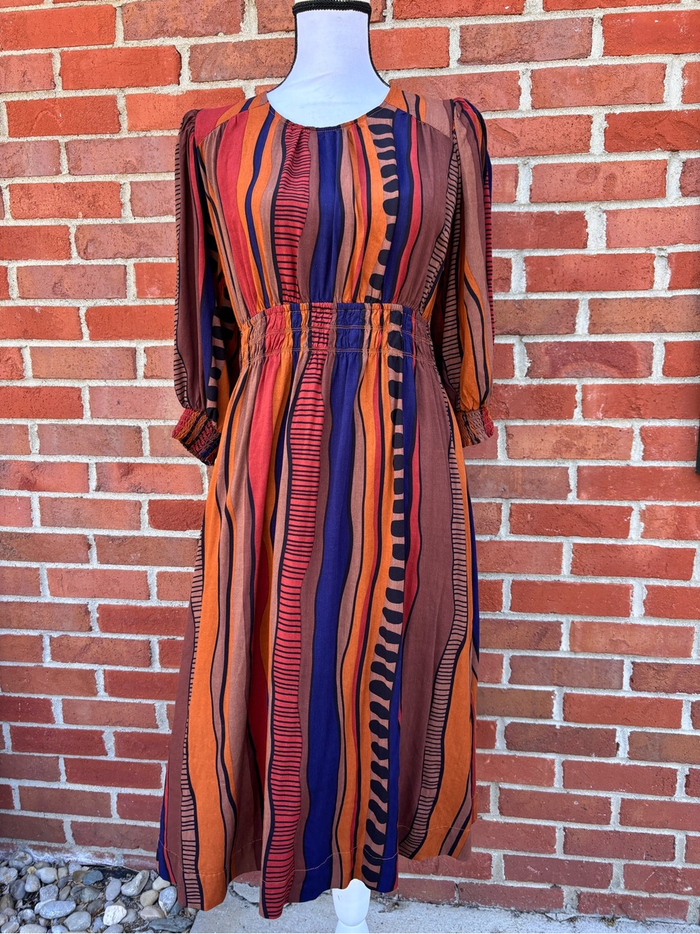 Umgee Abstract Striped Orange & Brown Midi Dress Smocked Elastic Waist Medium